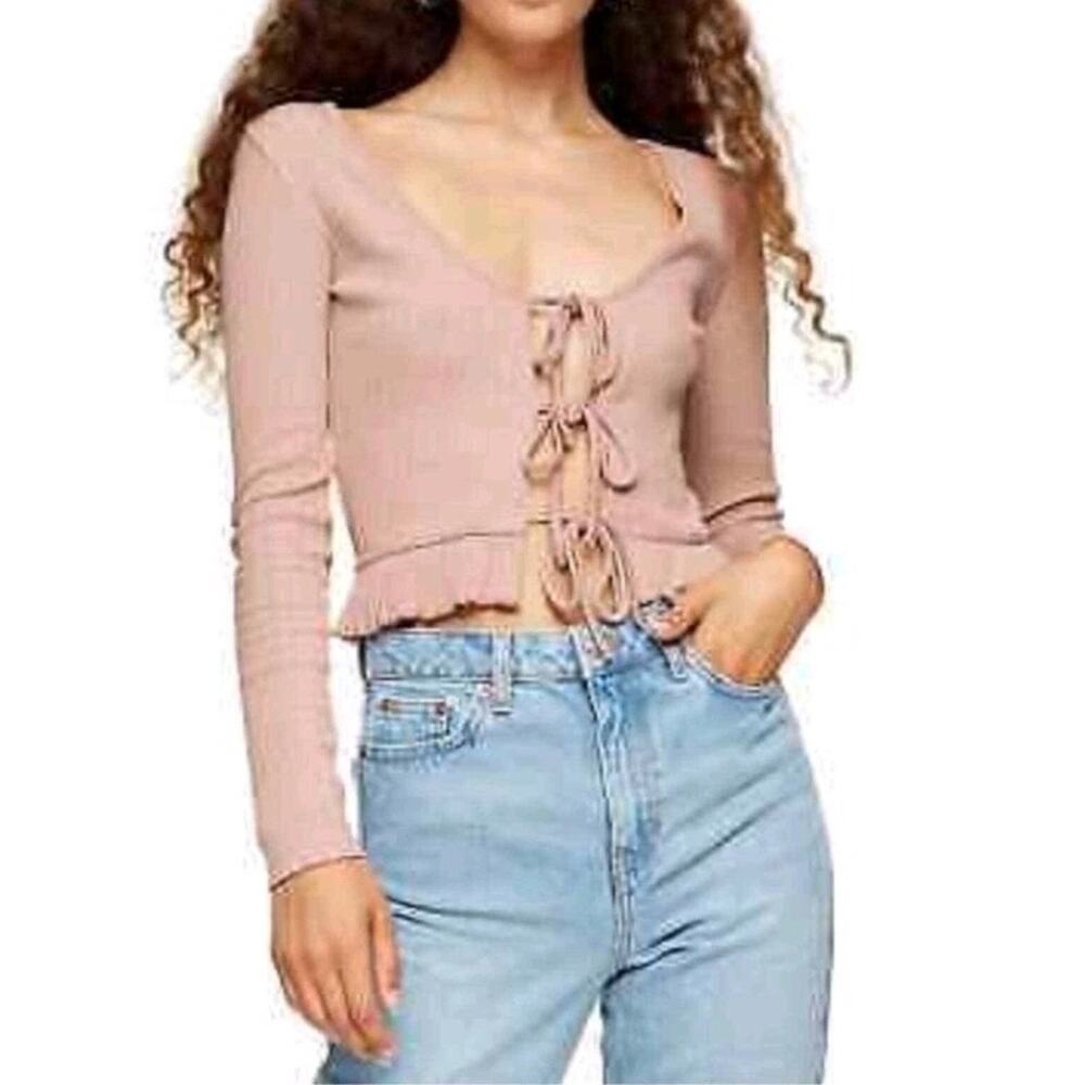 Topshop Sz S/4 Tie Front Blush Pink Ruffled Hem Cardigan Y2K Bratz Top